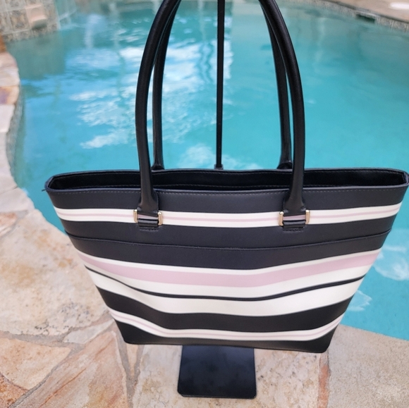 Kate Spade Black, White And Blush Pink Vinyl Striped Tote With Leather Trim - Picture 6 of 11